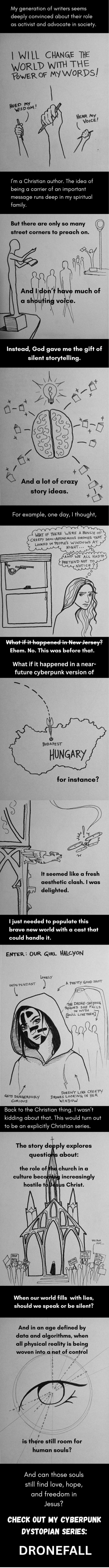 Comic strip explaining the Dronefall Series by A. L. Buehrer, a Christian dystopian cyberpunk series including six novels.
